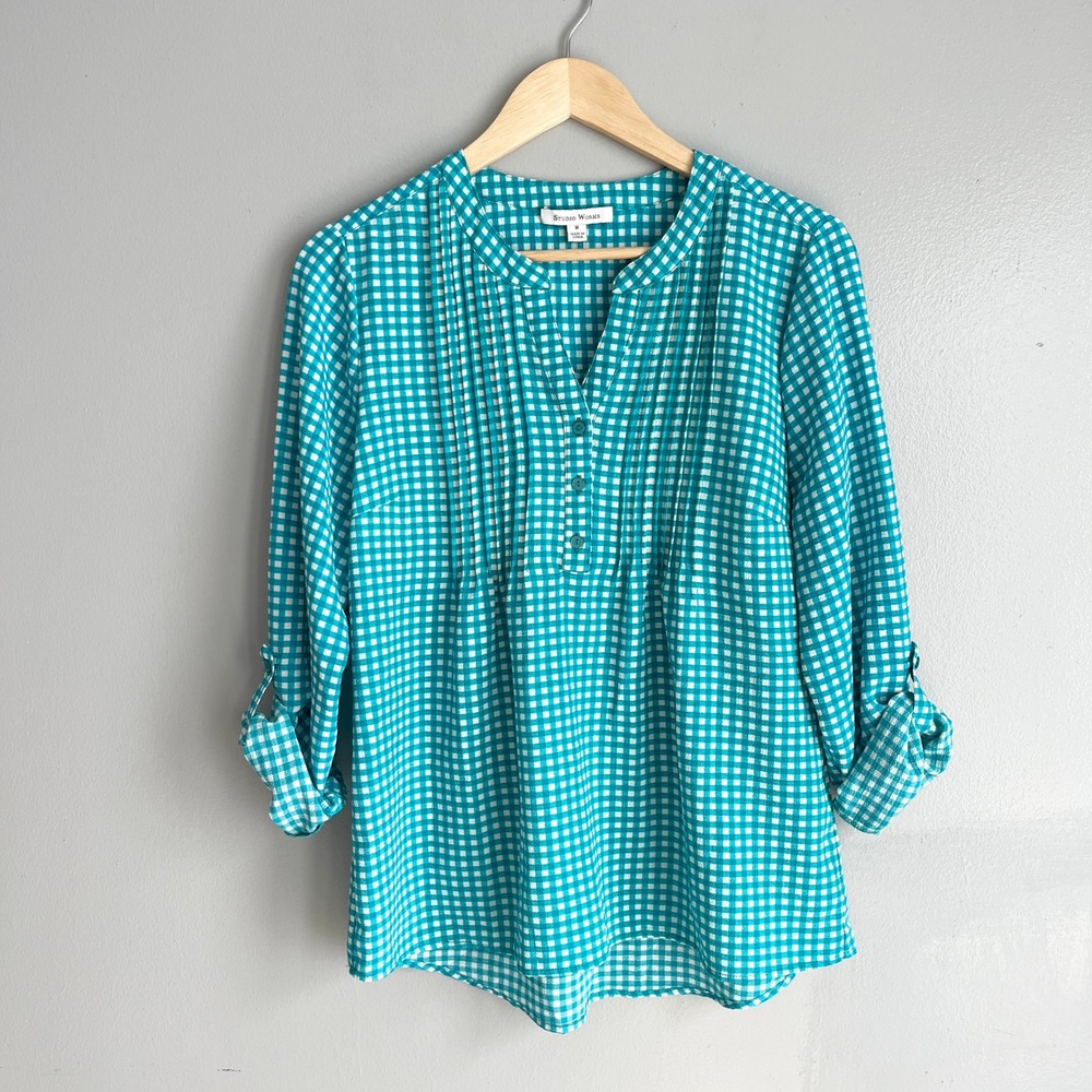 Studio Works Womens Teal Gingham Check‎ Pintuck Roll Tab Sleeve Blouse Size M